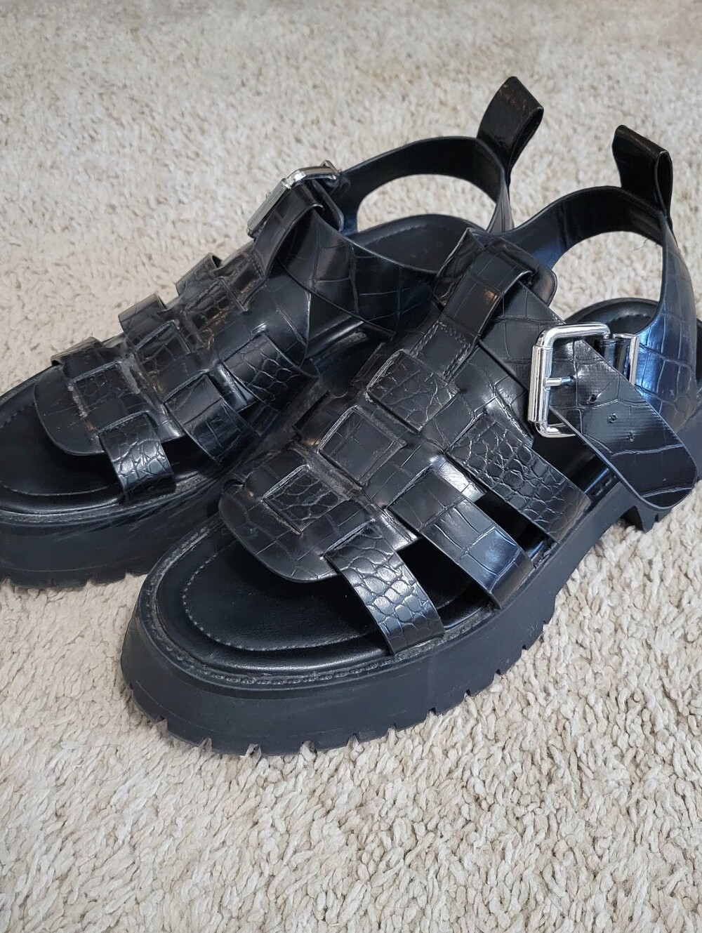 ASOS Black Croc-Embossed Fisherman Sandals